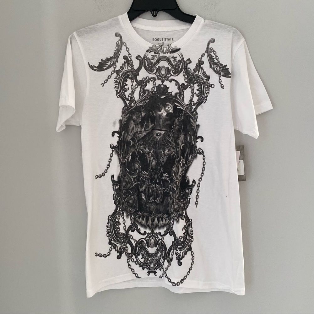 Rogue State Men’s Short Sleeve Crew Neck Cotton White Skull Printed Basic Tee S